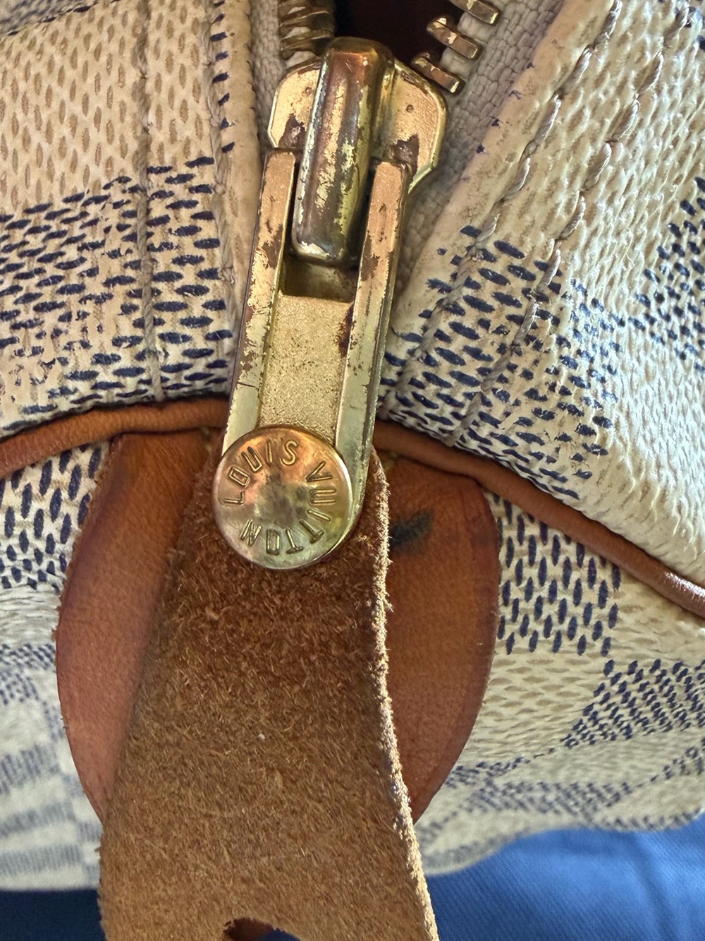 Authentic Louis Vuitton Damier Azur Canvas Tote with Brown Leather Handles - Picture 2 of 13